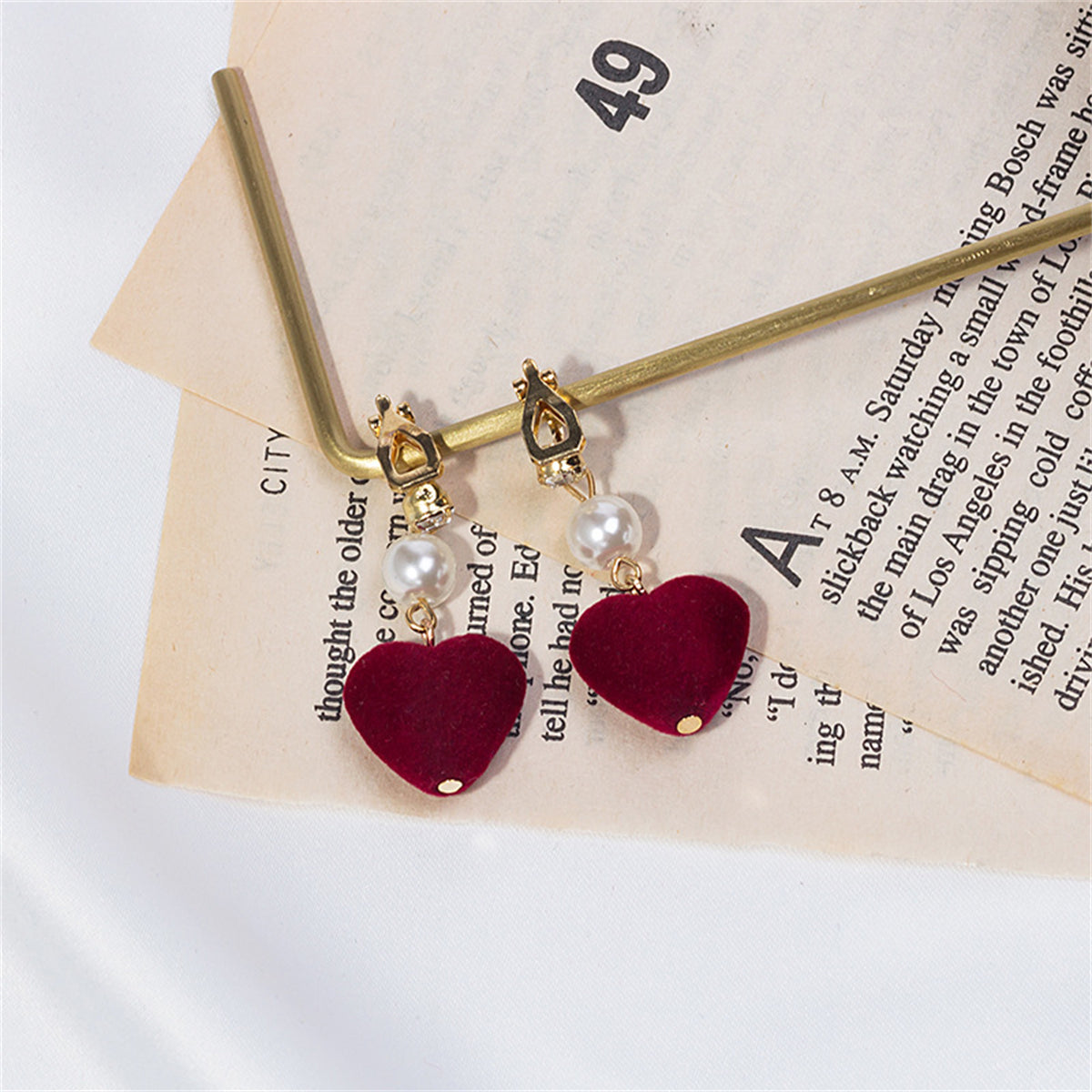 Wine Red and Pearl Textured-Heart Drop Earrings, drop earrings for women, everyday style, detail close-up