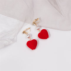 Red & Pearl Textured-Heart Drop Earrings