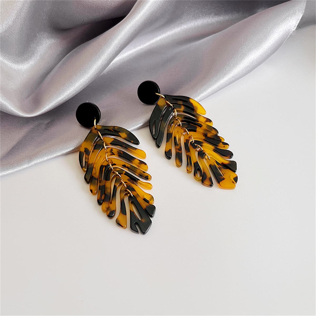 Black Acrylic and 18k Gold-Plated Speckled Leaf Drop Earrings, gold drop earrings for women, front view