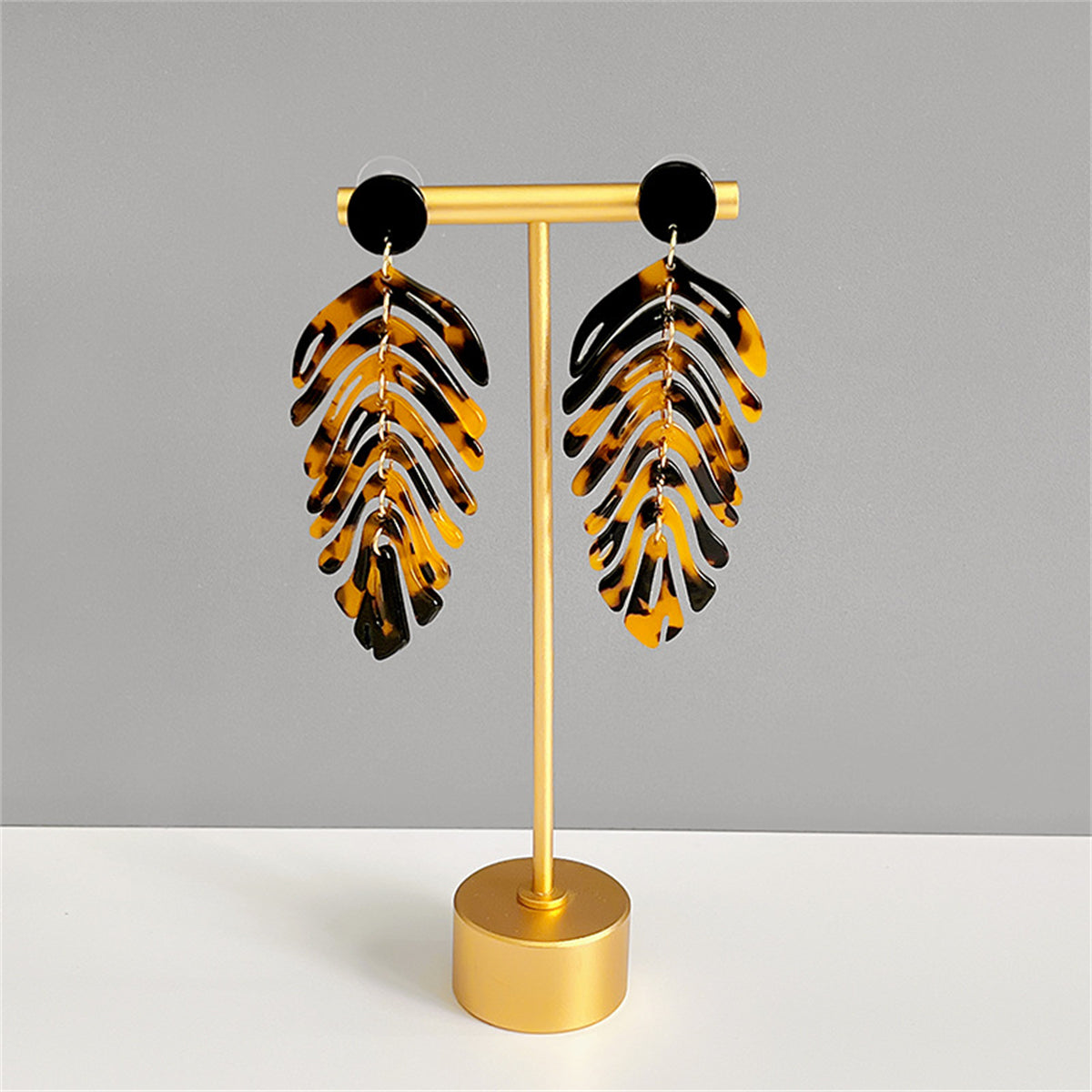 Black Acrylic and 18k Gold-Plated Speckled Leaf Drop Earrings, gold drop earrings for women, side view