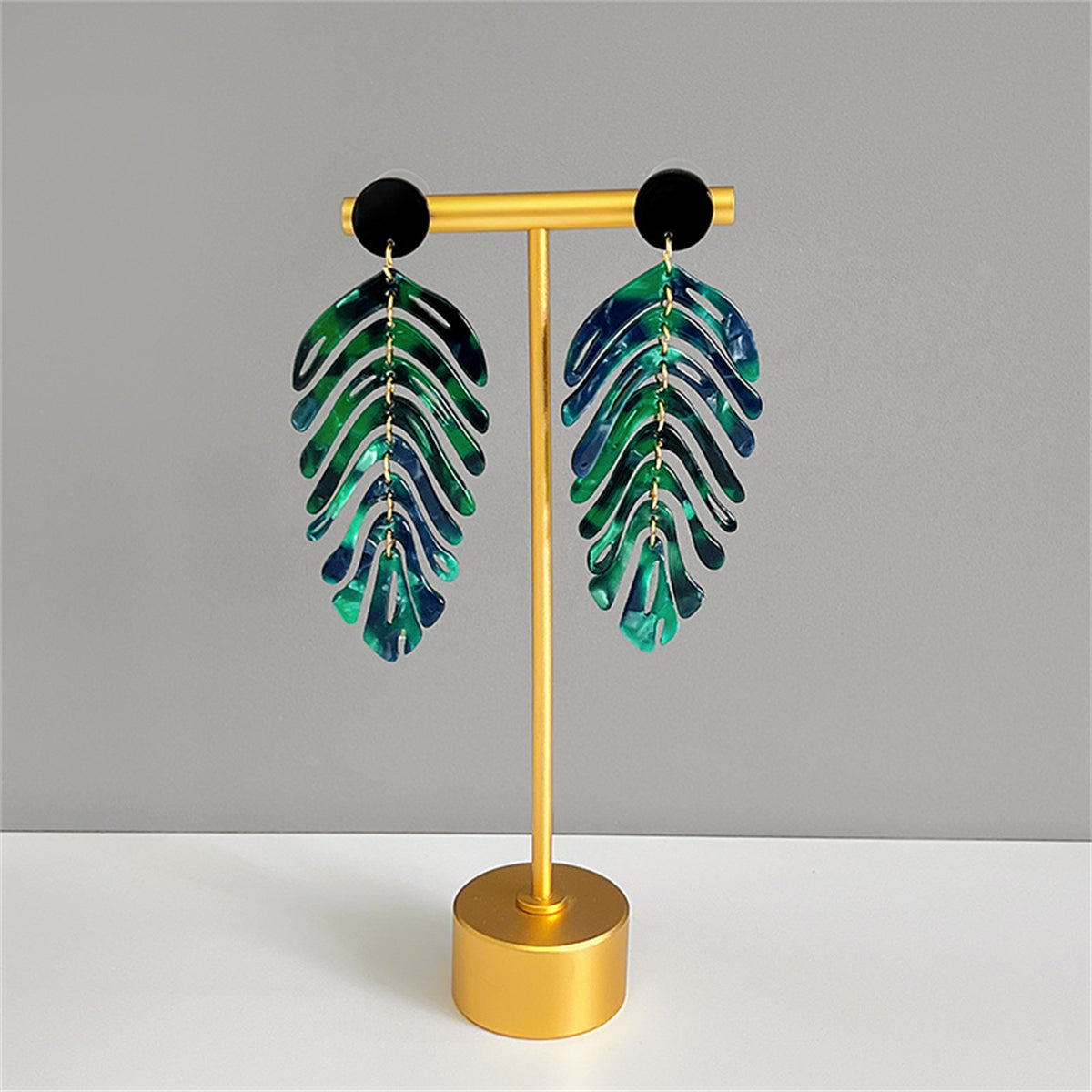 Blue and Green Leaf Drop Earrings, drop earrings for women, everyday style, front view