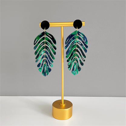 Blue and Green Leaf Drop Earrings, drop earrings for women, everyday style, front view