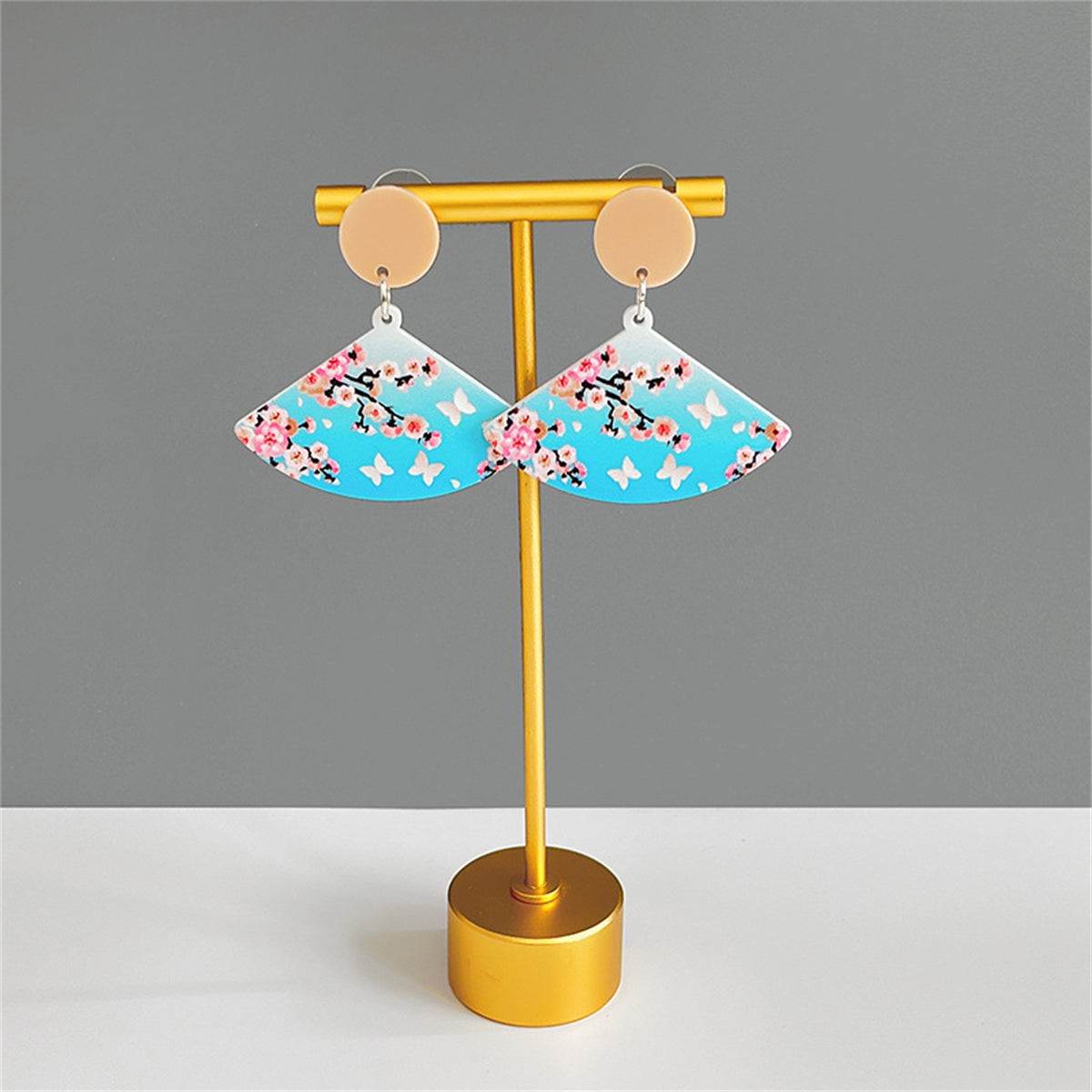Blue and Pink Peach Blossom Fan Drop Earrings, drop earrings for women, vintage-inspired design, front view