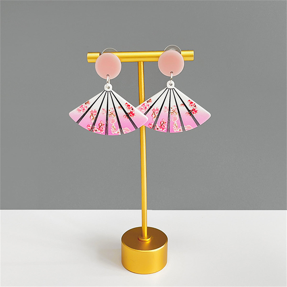 Pink Acrylic and Silver-Plated Landscape Fan Drop Earrings, silver drop earrings for women, everyday style, front view