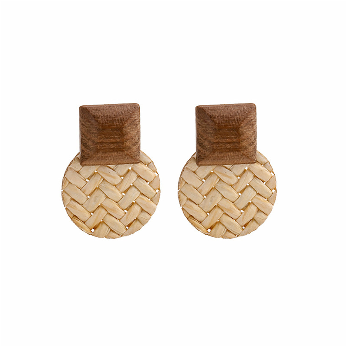 Beige Rattan and Wood Round Drop Earrings, drop earrings for women, vintage-inspired design, side view