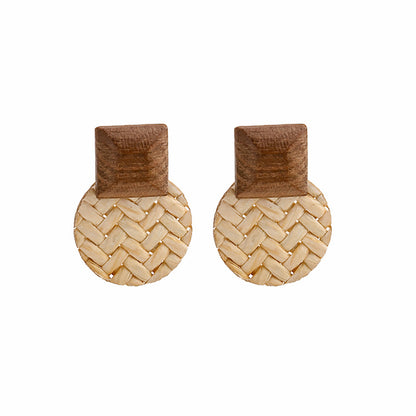 Beige Rattan and Wood Round Drop Earrings, drop earrings for women, vintage-inspired design, side view