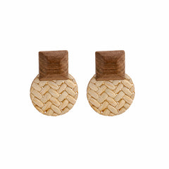 Beige Rattan & Wood Round Drop Earrings