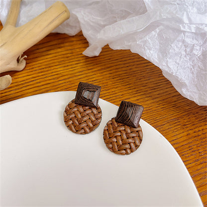 Coffee Rattan and Wood Round Drop Earrings, drop earrings for women, botanical inspired, front view