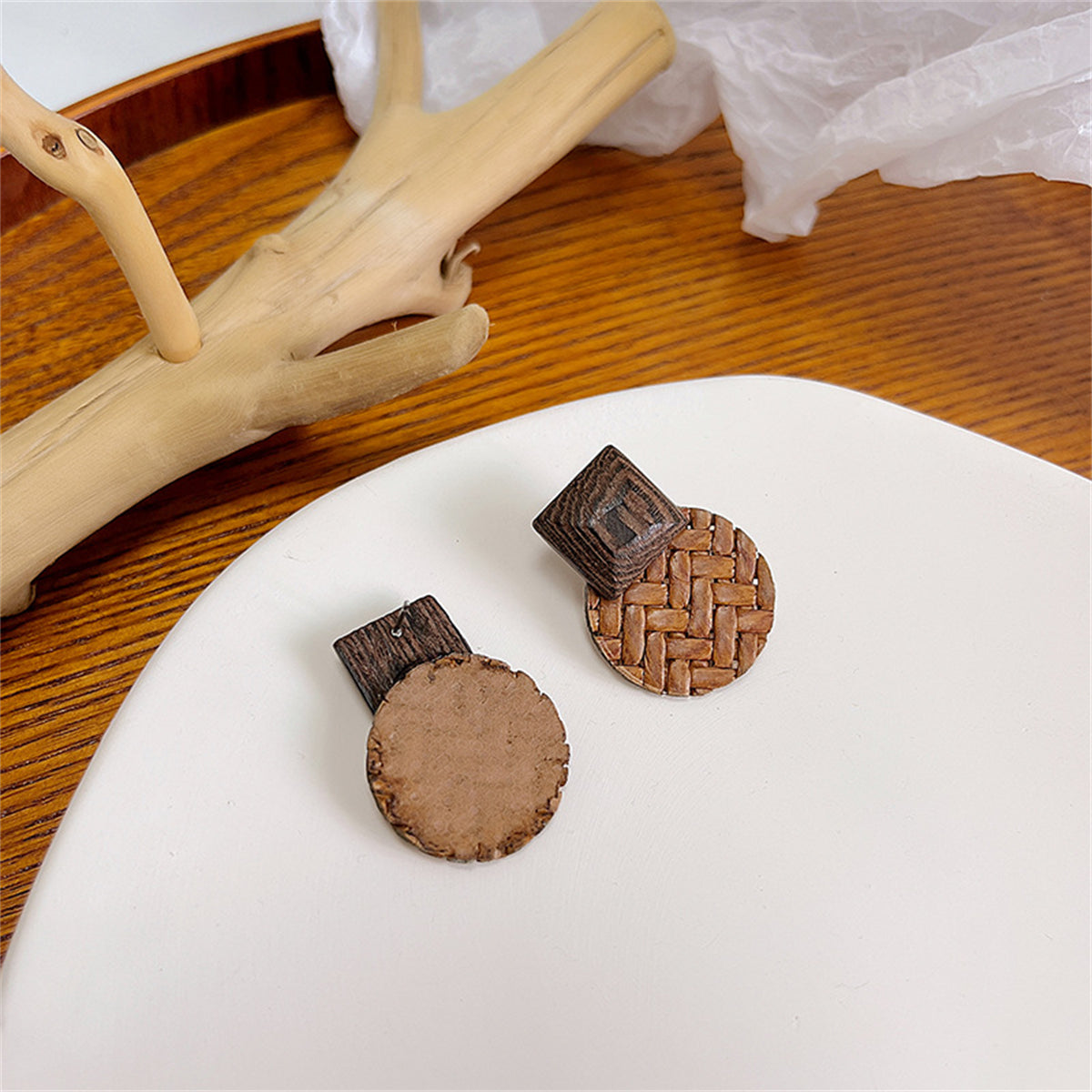 Coffee Rattan and Wood Round Drop Earrings, drop earrings for women, botanical inspired, side view
