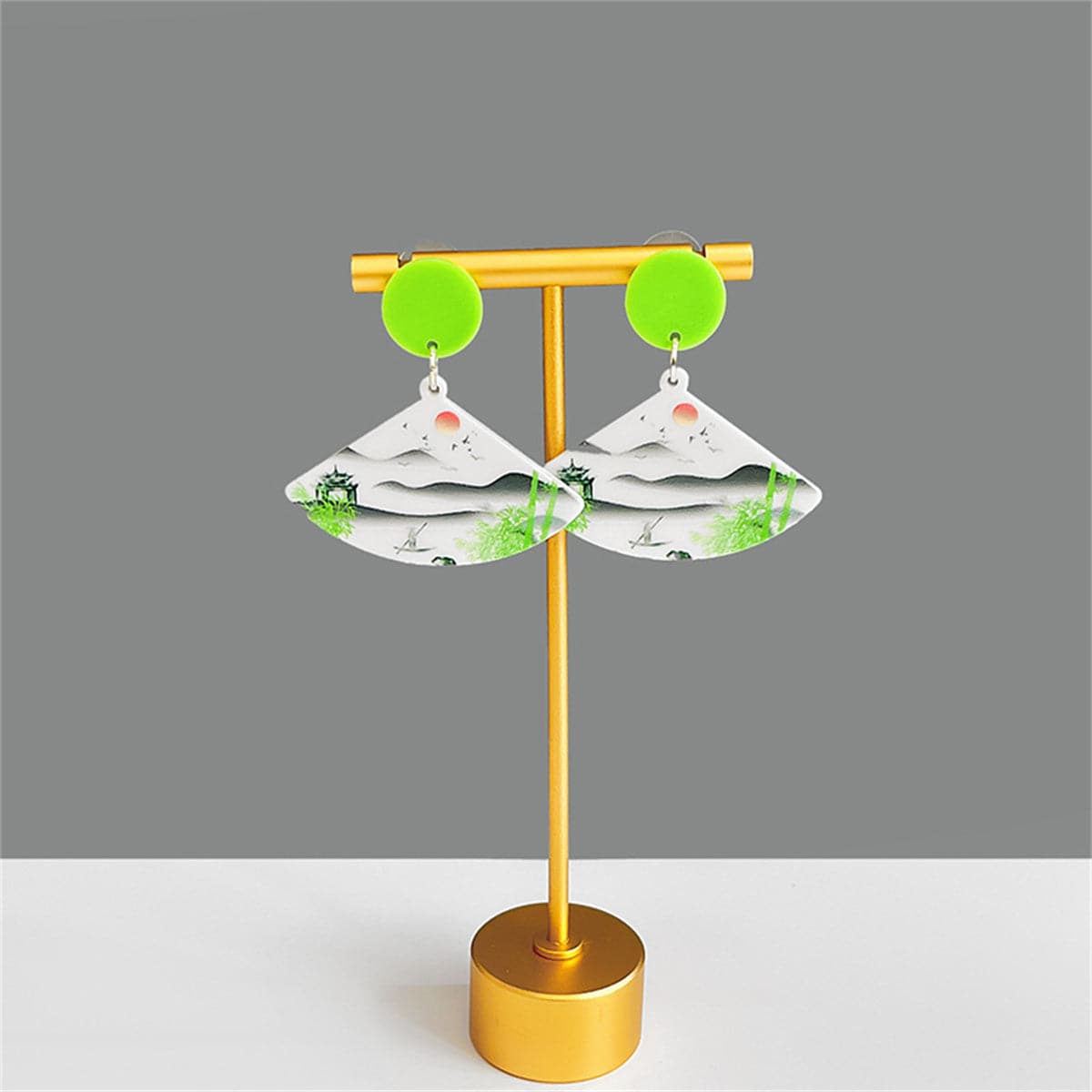 White and Green Landscape Fan Drop Earrings, drop earrings for women, vintage-inspired design, front view
