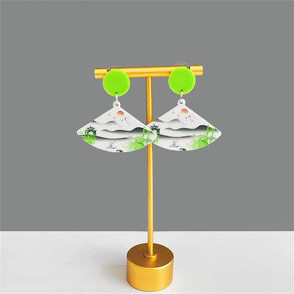 White and Green Landscape Fan Drop Earrings, drop earrings for women, vintage-inspired design, front view