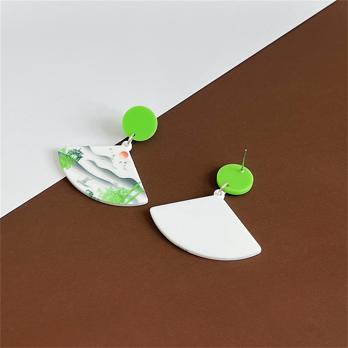 White and Green Landscape Fan Drop Earrings, drop earrings for women, vintage-inspired design, side view