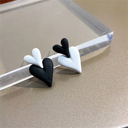 Black and White Double Heart Drop Earrings, drop earrings for women, dainty minimalist design, front view