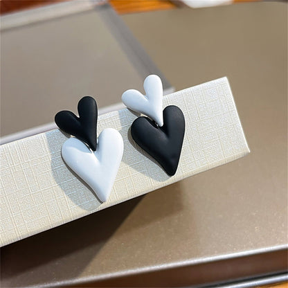 Black and White Double Heart Drop Earrings, drop earrings for women, dainty minimalist design, side view