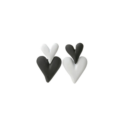 Black and White Double Heart Drop Earrings, drop earrings for women, dainty minimalist design, styled look