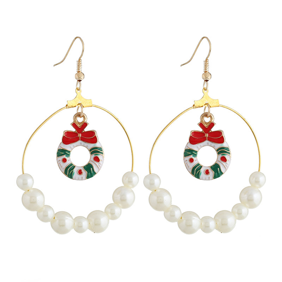 Pearl and Enamel 18K Gold-Plated Wreath Circle Drop Earrings, gold drop earrings for women, front view