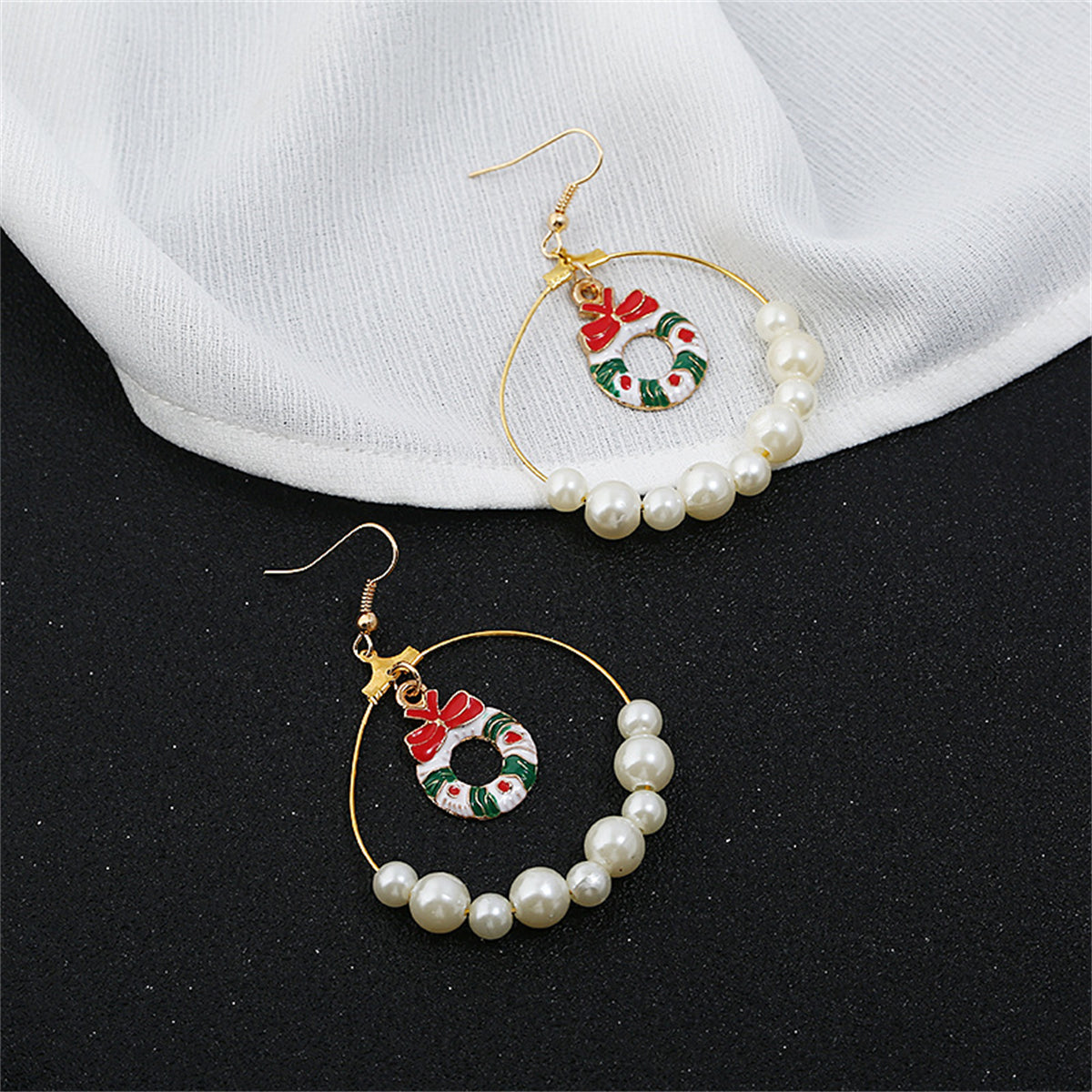 Pearl and Enamel 18K Gold-Plated Wreath Circle Drop Earrings, gold drop earrings for women, side view