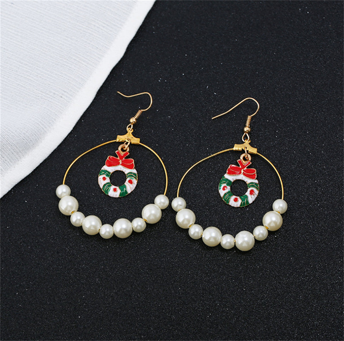 Pearl and Enamel 18K Gold-Plated Wreath Circle Drop Earrings, gold drop earrings for women, detail close-up