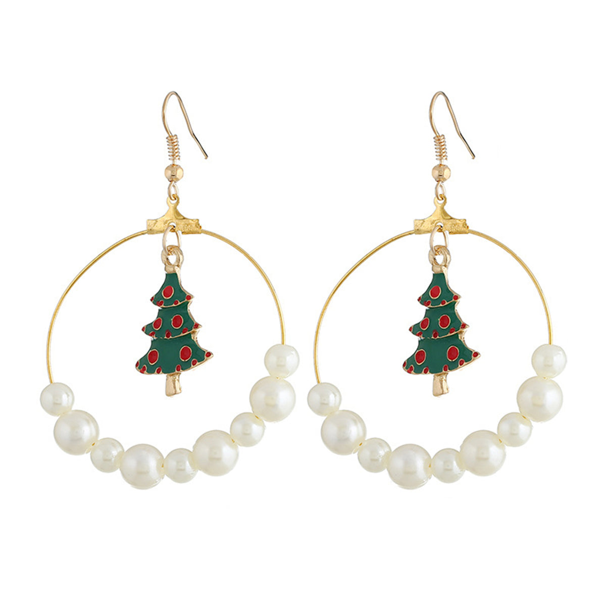 Pearl and Enamel 18K Gold-Plated Christmas Tree Circle Drop Earrings, gold drop earrings for women, front view