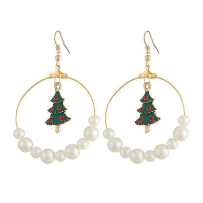 Pearl and Enamel 18K Gold-Plated Christmas Tree Circle Drop Earrings, gold drop earrings for women, front view