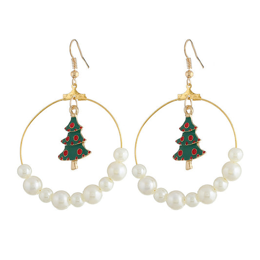 Pearl and Enamel 18K Gold-Plated Christmas Tree Circle Drop Earrings, gold drop earrings for women, front view