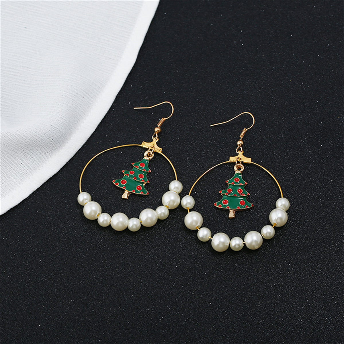 Pearl and Enamel 18K Gold-Plated Christmas Tree Circle Drop Earrings, gold drop earrings for women, side view