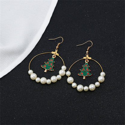 Pearl and Enamel 18K Gold-Plated Christmas Tree Circle Drop Earrings, gold drop earrings for women, side view