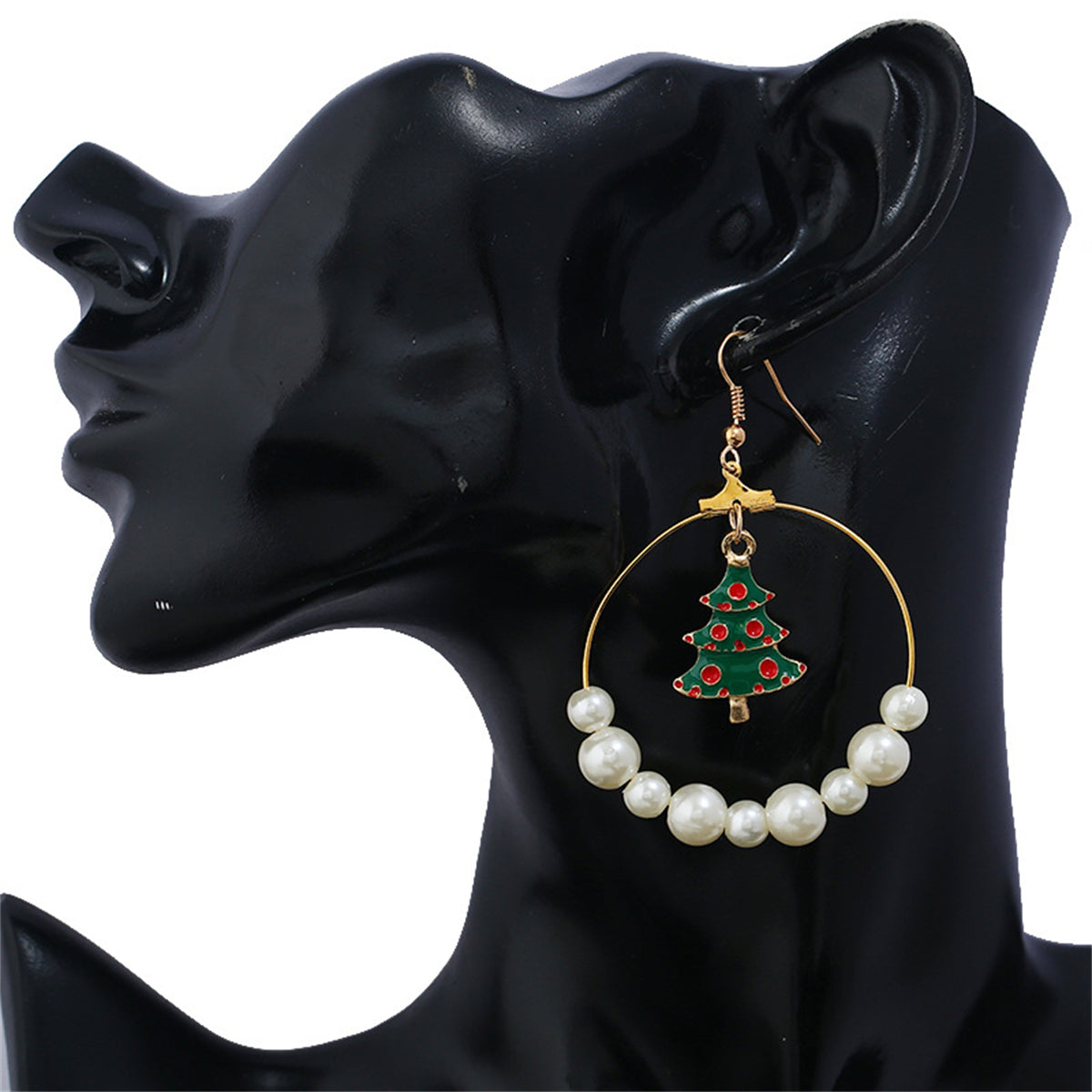Pearl and Enamel 18K Gold-Plated Christmas Tree Circle Drop Earrings, gold drop earrings for women, detail close-up