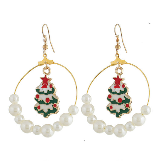 Pearl and Enamel 18K Gold-Plated Green Christmas Tree Circle Drop Earrings, gold drop earrings for women, front view