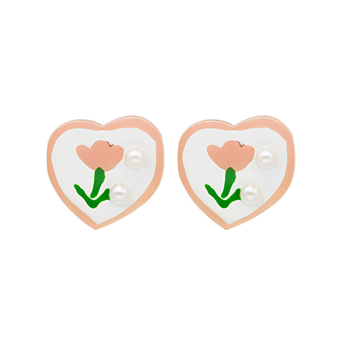 Pearl and Pink Tulip Heart Stud Earrings, stud earrings for women, dainty minimalist design, front view