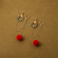 Red Enamel & 18K Gold-Plated Pom-Pom Wreath Chain Ear Cuff