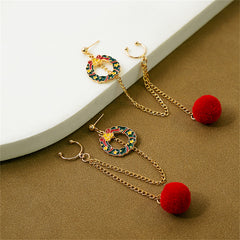 Red Enamel & 18K Gold-Plated Pom-Pom Wreath Chain Ear Cuff