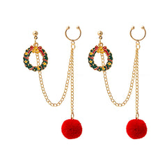 Red Enamel & 18K Gold-Plated Pom-Pom Wreath Chain Ear Cuff