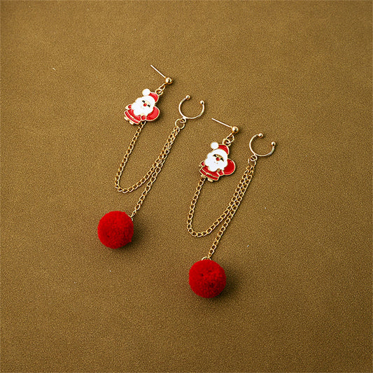 Red Enamel and 18K Gold-Plated Santa Dangle Ear Cuffs, gold drop earrings for women, botanical inspired, front view