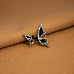 Black Crystal & Enamel Silver-Plated Butterfly Mismatched Stud Earrings