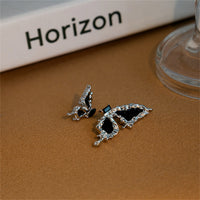 Black Crystal & Enamel Silver-Plated Butterfly Mismatched Stud Earrings