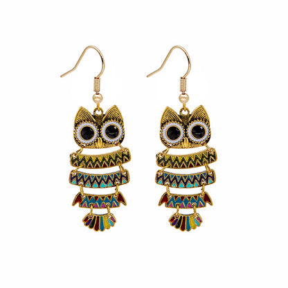 Black Enamel and 18K Gold-Plated Owl Drop Earrings, gold drop earrings for women, elegant gift for her, side view