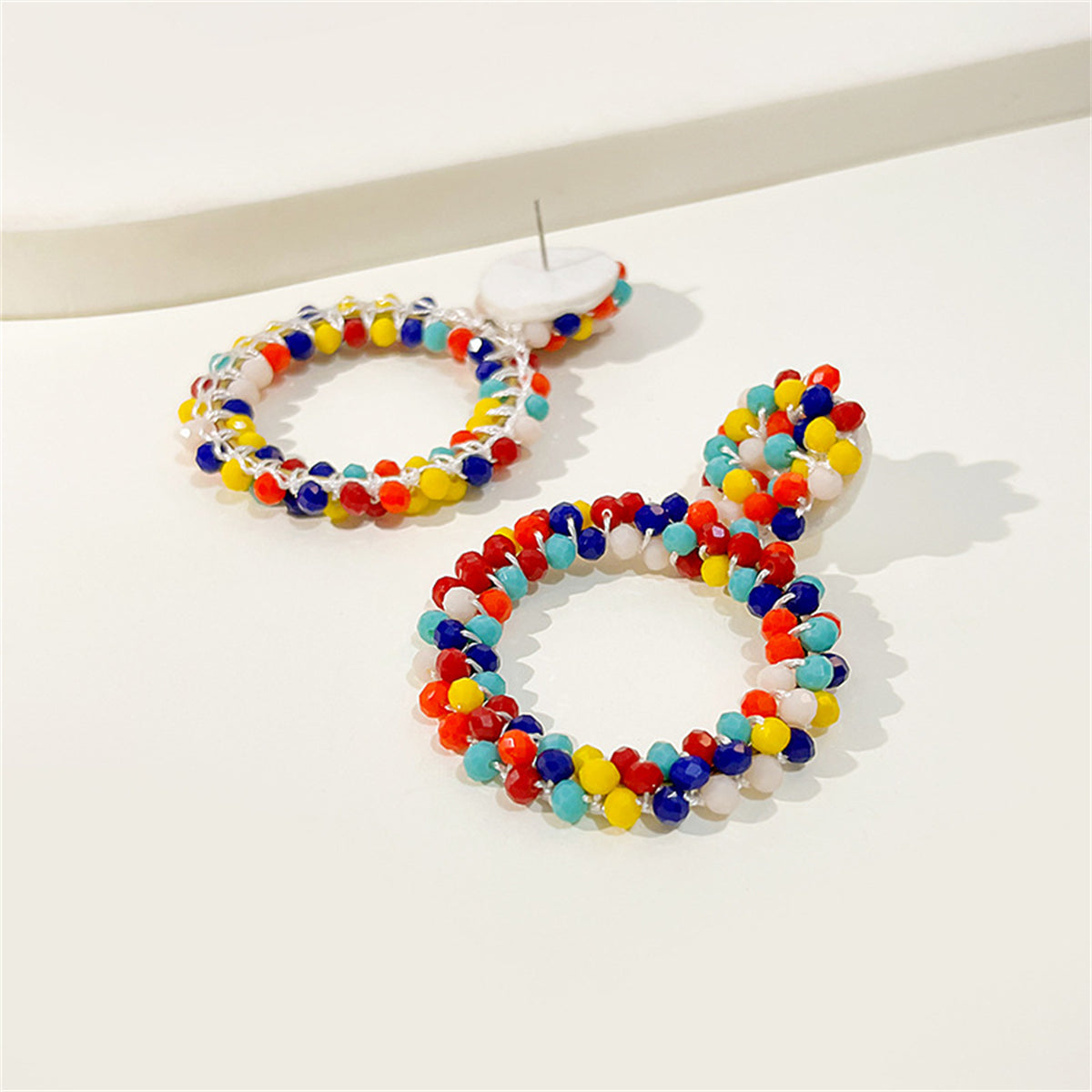 Red and Navy Rainbow Cluster Hoop Earrings, drop earrings for women, dainty minimalist design, detail close-up