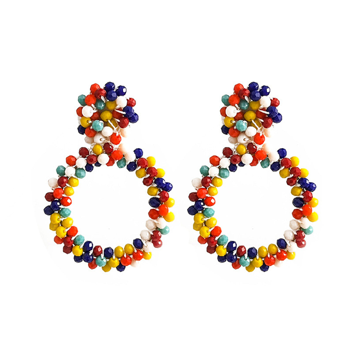 Red and Navy Rainbow Cluster Hoop Earrings, drop earrings for women, dainty minimalist design, styled look