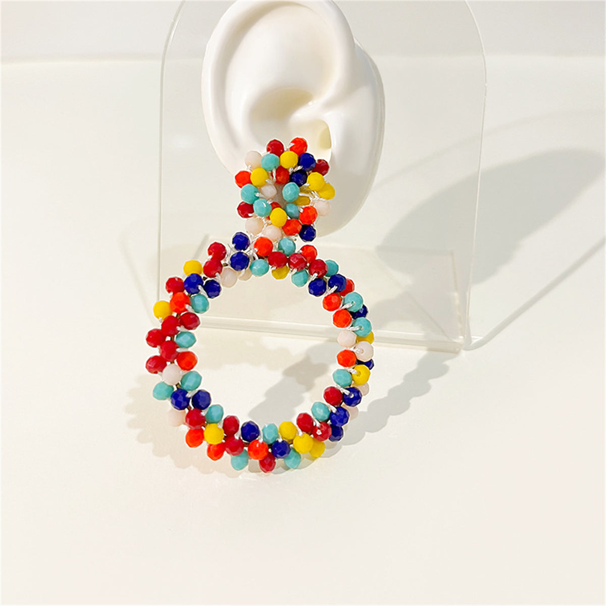 Red and Navy Rainbow Cluster Hoop Earrings, drop earrings for women, dainty minimalist design, lifestyle look