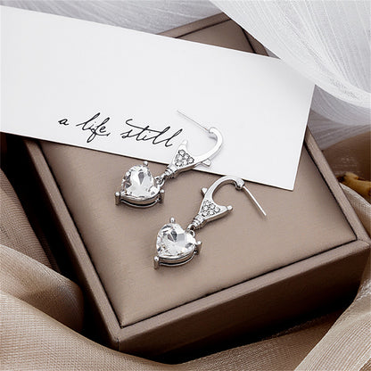 Crystal and Cubic Zirconia Silver-Plated Heart Drop Earrings, silver drop earrings for women, botanical inspired, front view