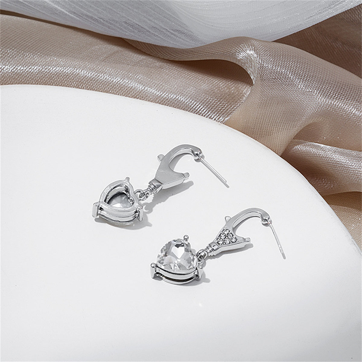 Crystal and Cubic Zirconia Silver-Plated Heart Drop Earrings, silver drop earrings for women, botanical inspired, side view