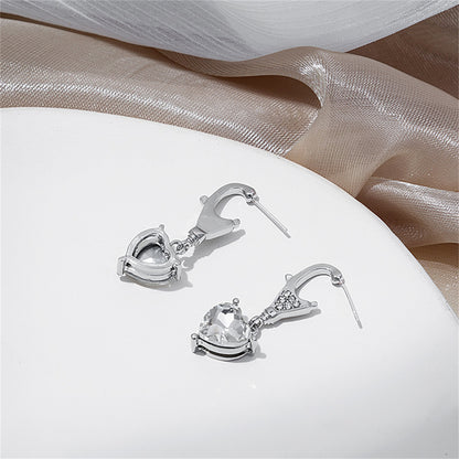 Crystal and Cubic Zirconia Silver-Plated Heart Drop Earrings, silver drop earrings for women, botanical inspired, side view