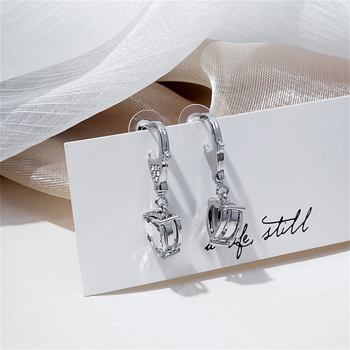 Crystal and Cubic Zirconia Silver-Plated Heart Drop Earrings, silver drop earrings for women, detail close-up