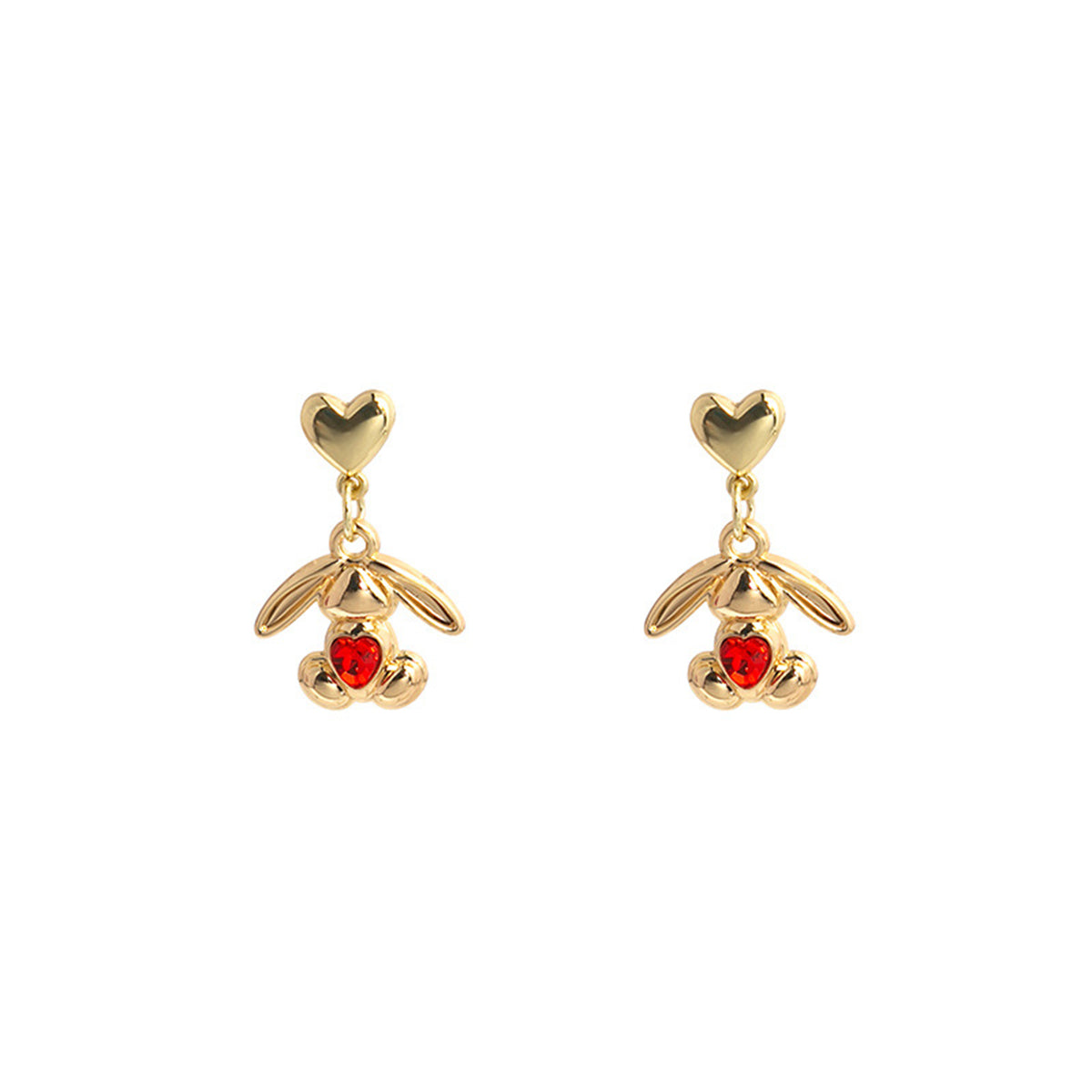 Red Crystal & 18K Gold-Plated Heart Rabbit Drop Earrings