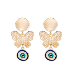 Blue & White Enamel Tiered Butterfly Evil Eye Drop Earrings