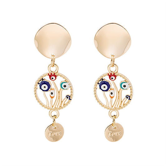 Blue Enamel and 18K Gold-Plated 'Love' Evil Eye Drop Earrings, gold drop earrings for women, front view
