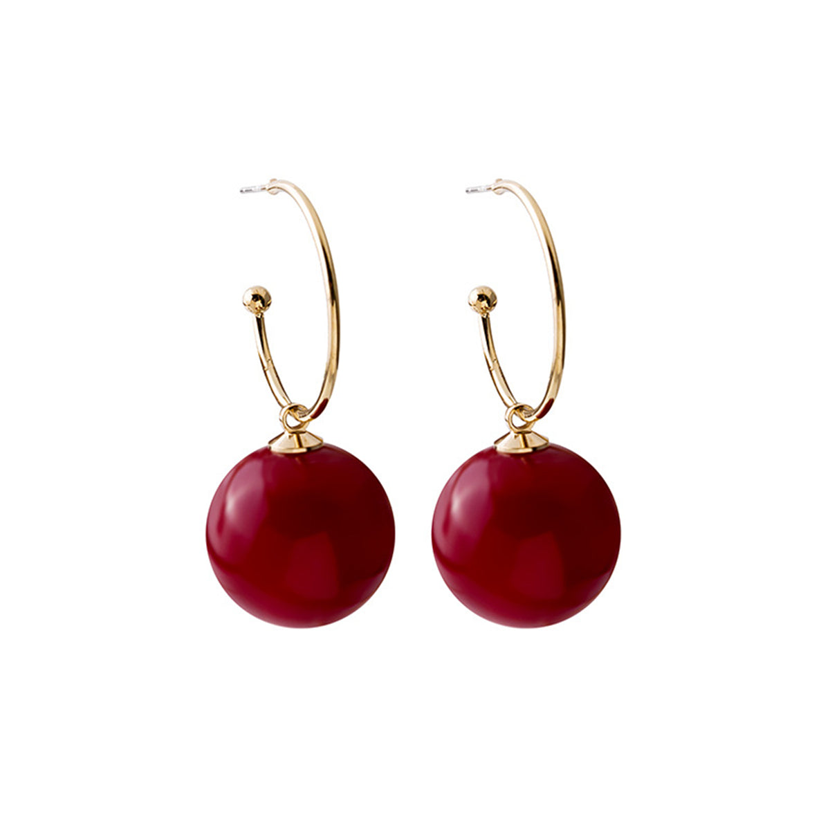 Red Pearl and 18K Gold-Plated Huggie Earrings, gold huggie earrings, dainty minimalist design, side view