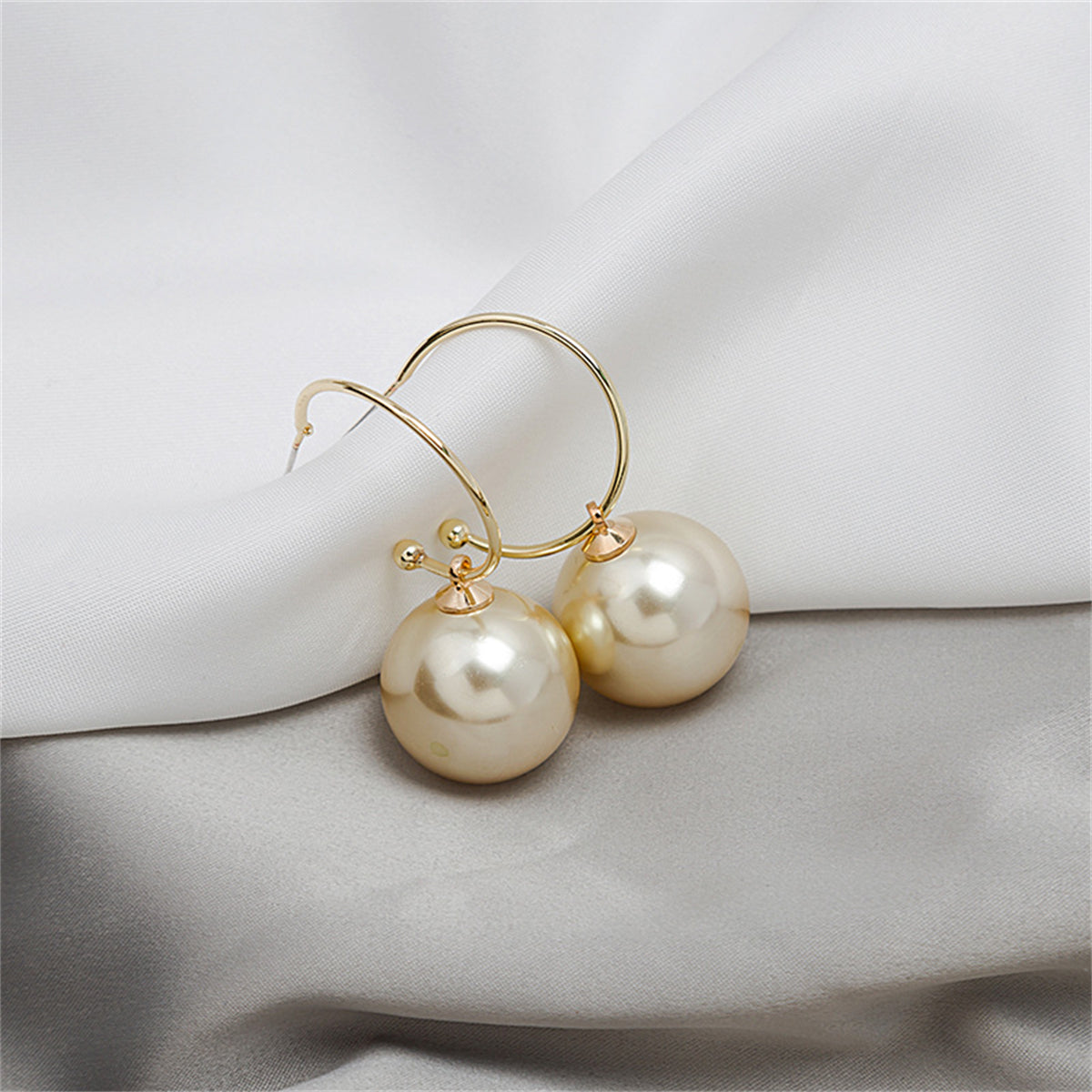 Champagne Pearl and 18K Gold-Plated Huggie Earrings, gold huggie earrings, dainty minimalist design, front view