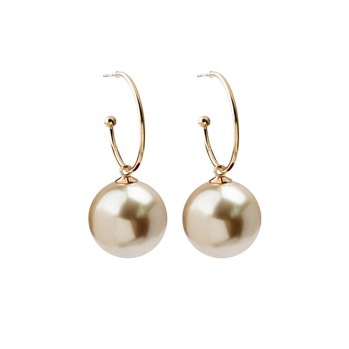 Champagne Pearl and 18K Gold-Plated Huggie Earrings, gold huggie earrings, dainty minimalist design, side view